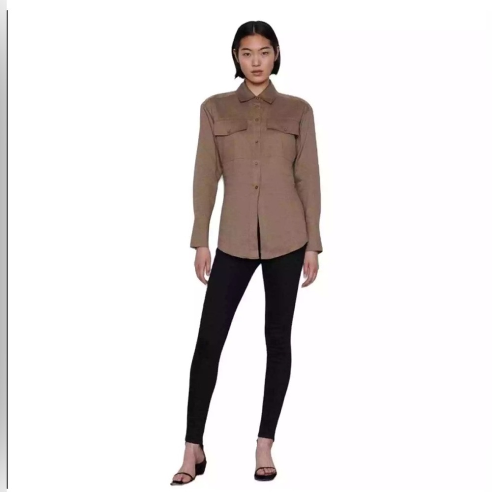 Frame Arie Cutaway Long Sleeve Button Down Top Desert Army Brown Green XS $298